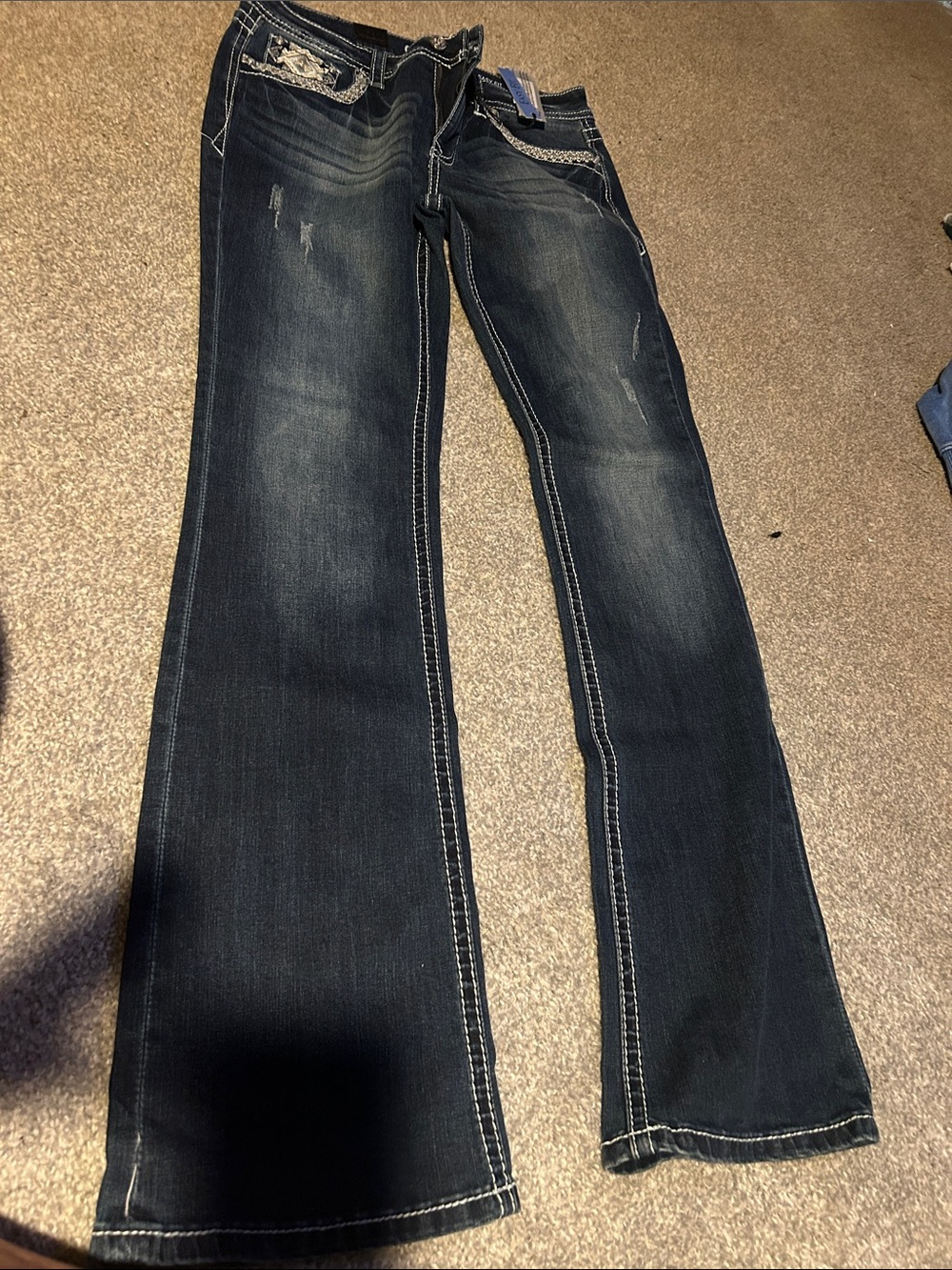 Grace in LA Dark Wash Flare Jeans with Contrast Stitching